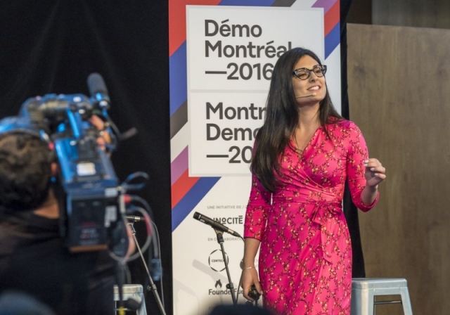 Sophie delivering an energy filled presentation at the Montreal demo day in 2016.
