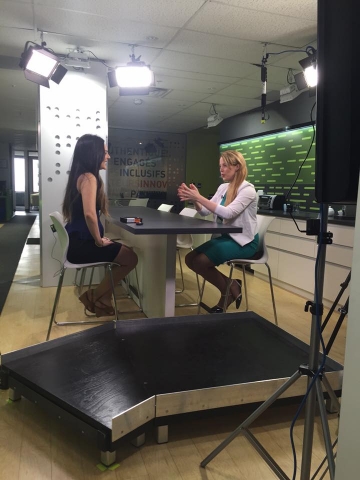 Sarah Aladas being interviewed by Christine Rousseau at the Ami-télé studio in Montreal.