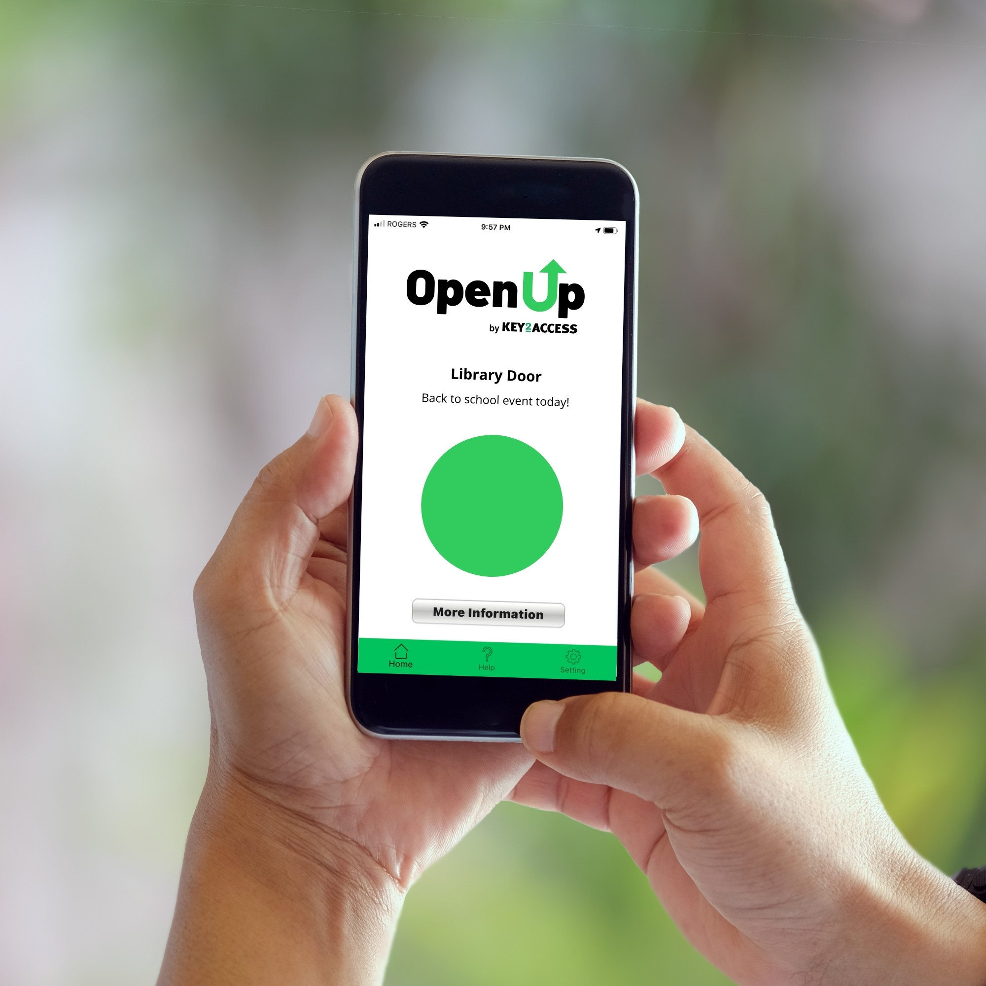 Hands holding smart phone with OpenUp app on the screen